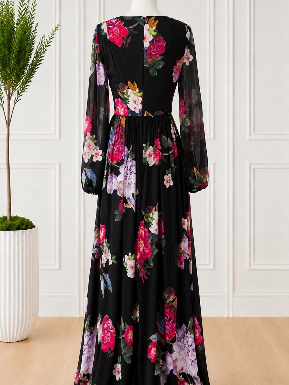 Designer Adrianna Papell Black Floral Maxi Dress Long Sleeve Surplice Gown NWOT - Picture 4 of 6